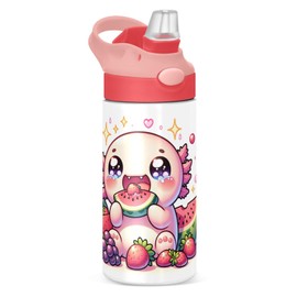 DIGTIA Axolotl Eat Fruits Cartoon Insulated Water Bottle with Straw Handle for Kids 12 OZ Cute Kawaii Stainless Steel Vacuum Insulated Cup for Hot and Cold Drinks Travel Tumbler for Toddler Girls
