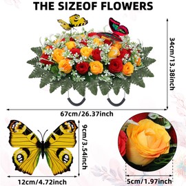 Artificial Cemetery Flowers for Grave,Large Headstone Flower Saddle Realistic Grave Flowers Memorial Silk Rose Flowers with Butterflies for Headstone Grave Decoration Non-Fading Easy Fit (Red Yellow)