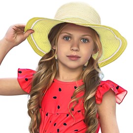 Muryobao Kids Girls Sun Straw Hat Wide Brim UPF 50 Summer Hats Foldable Roll up Floppy Beach Cap Yellow