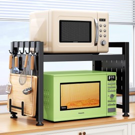 Expandable Microwave Stand Countertop, 2-Tier Adjustable Microwave Oven Rack with 8 Hooks & 2 Holders, Heavy Duty Carbon Steel Microwave Shelf for Kitchen Counter Organizer and Storage, Holds 120lbs