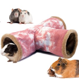 LeerKing 3 Way Guinea Pig Tunnel Canvas Rabbit Tunnels and Hides Rat Tube Hideout Sleep Collapsible Toy Accessories for Ferrets Squirrel Hedgehog Chinchillas Pink M