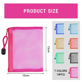 Mesh Zipper Pouches, 3.9 x 5.1 inches, Set of 14, 7 Colors for Makeup, Travel, Storage