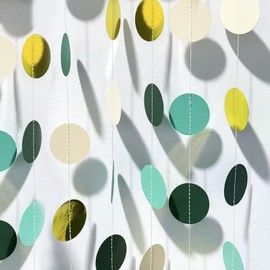 We Moment Zone 52 Ft Sage Green Cream and Gold Glitter Paper Circle Dots Garland, 6 Pieces Forest Green Hanging Round Garland for Birthday Wedding Baby Shower Party Decoration
