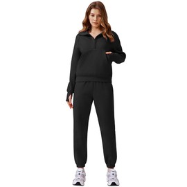 PINSPARK Womens Two Piece Sweatsuit Set Half Zip Fleece Sweatshirt Joggers Sweatpants Fall Outfits Tracksuit,Black Medium