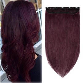 Clip in Human Hair Extension Wine Red One piece Soft Long Straight Remy Hair Weft Extension 5 Clips 50g (20''#99J)