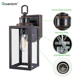 GRUENLICH Dusk to Dawn Outdoor Wall Lantern, PIR Motion Sensor Wall Sconce, E26 Base Max 60W, Metal Housing Plus Glass, Bulb Not Included, 2-Pack