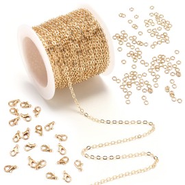 Modixun 32.8 Feet Jewelry Making Chains, Necklace Chain Bracelet Chains, 2mm Thin Chain with 30Pcs Lobster Clasps and 100Pcs Open Jump Rings, Gold
