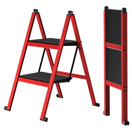 2 Step Ladder,Aluminum Ultra Thin Folding Step Stool, 400 Lbs Capacity Slim Step Stool with Anti-Slip Sturdy and Wide Pedal,Closet Step Stool Ladder for Home,Kitchen and Office Use,Space Saving, Red