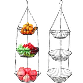 Maxdot 2 Pack 3-tier Hanging Fruit Basket with Sturdy Metal Chain Hanging Wall Fruit Basket for Kitchen Heavy Duty Wire Storage for Potatoes, Onions, Oranges, Bananas, Limes, Lemons