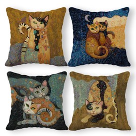 SELPONT Linen Throw Pillow Case, 18 x 18 Inch Set of 4, Gifts for Cat Lover, Funny Cat Pillow, Children Room Decoration, Cat Owners Gifts, Cat Theme Room Decor, Cushion Cover for Sofa Couch Bed