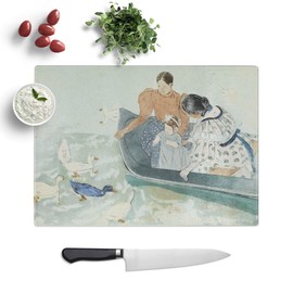 Kitchen Chopping Board Glass - Mary Cassatt Feeding The Ducks - Textured Worktop Saver Cutting Board - Heat Resistant, Shatterproof and Hygenic - 28.5 x 20 cm