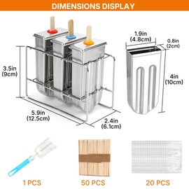 TOCCOOL Stainless Steel Popsicle Molds Set, 3PCS Round Head Double Groove Ice Pop Maker with Rack, DIY Ice Cream Molds with 50 Wood Sticks, 20 Bags & Cleaning Brush, BPA Free, Silver