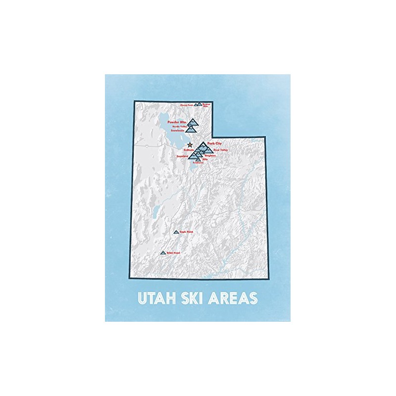Utah Ski Resorts Map 18x24 Poster (White & Light Blue)