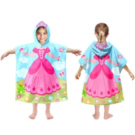 Kids Hooded Beach Towels Wrap for 2-6 Years,Cute Princess Theme Girls Swim Cover Up for Bathroom，22"x26" Quick Dry Blue Bath Towel Poncho,Perfect for Travel Vacation,Pool Party,Swimming