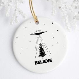 UFO Believe Paranormal Extraterrestrial Alien Christmas Tree Holiday Ornament, 3 Inch Flat Ceramic Ornament with Gift Box