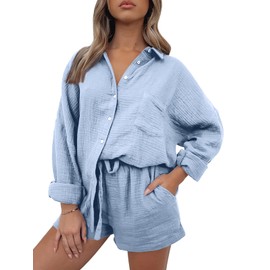 AUTOMET 2 Piece Sets For Women Lounge Wear Matching Two Piece Pajama Fashion Oversized Shirts And Shorts Spring Outfit 2025 01Skyblue S