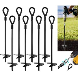 VASGOR 20” Ground Anchors (8pcs) Easy to Use with Drill, 3" Helix Diameter, Heavy Duty Anchor Hook for Camping Tent, Canopies, Car Ports, Sheds, Swing Sets, Securing Animals – Black Powder Coated