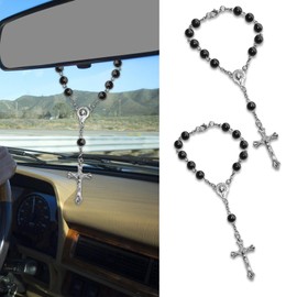 Lyxheth 2PCS Car Rosary for Rearview Mirrors, Car Mirror Hanging Accessory, Cross Medal Rearview Mirrors Hanging Ornament, Rosary Pendant Cars Rear View Mirror Charm for Women and Men (Black)