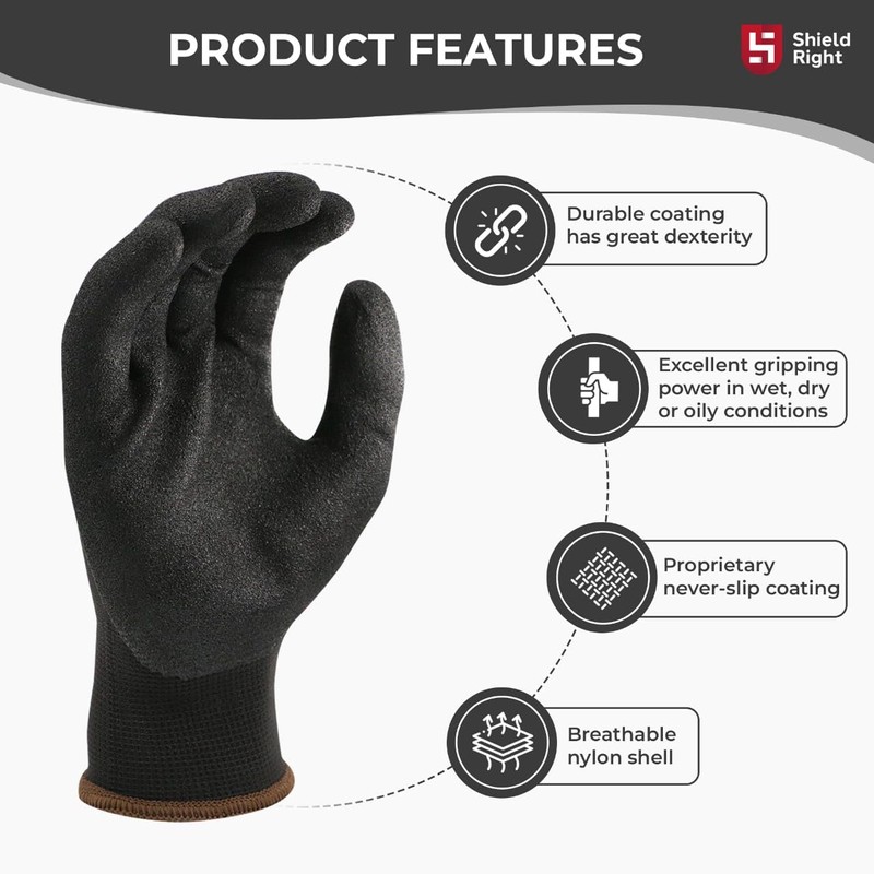 Shield Right DuraFlex Sandy Nitrile Work Gloves,13 Gauge Black Nylon,12