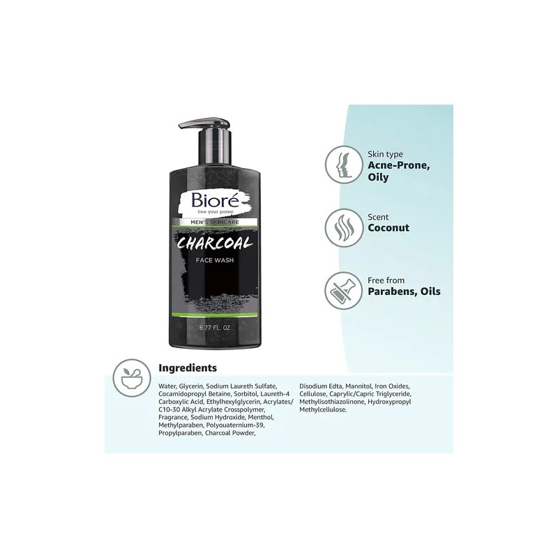 Bioré Mens Skincare Charcoal Face Wash, Deep Cleans Pores