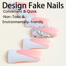 Duck Press on Nails MABKJLF Handmade French Tip Fake Nails Pink Full Cover Diamond Flower False Nails with Designs Glossy Glue on Nails Cute Acrylic Nails Artificial Nails for Women Girls