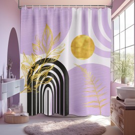 QGHOT Boho Mid Century Modern Shower Curtain Black and Purple Shower Curtains for Bathroom Decor Lavender Light Purple and Gold Leaves Bath Curtain Set, Waterproof Fabric with Hooks 72x72 inch