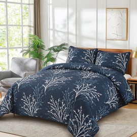 Navy Queen Size Quilt Set Branch Botanical Pattern Bedspread Coverlet Set, 3 Pieces Navy Blue Tree Floral Quilt Bedding Set, Soft Lightweight Microfiber Reversible Bed Cover for All Season, 96''x90''