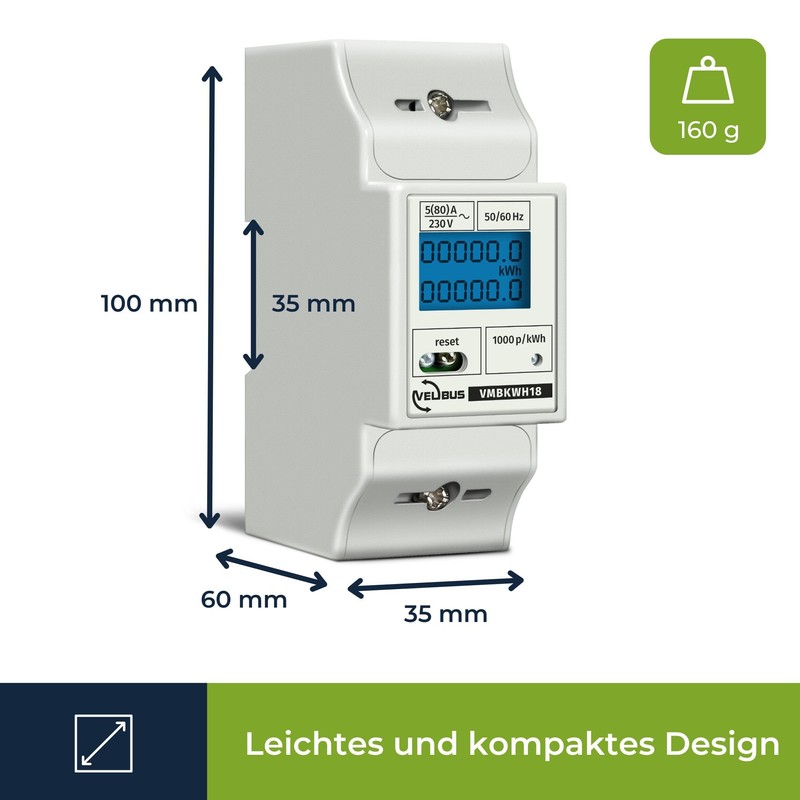 Velleman Stromzähler 1 Phase, 1 Phasen Stromzähler, digitaler Stromzähler Hutschiene,