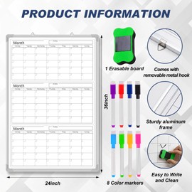 Lincia 36" x 24" Magnetic Vertical 3 Month Dry Erase Calendar for Wall Undated Horizontal Dry Erase Wall Calendar Planner Aluminum Frame Whiteboard for Home Office Projects Wall Fridge