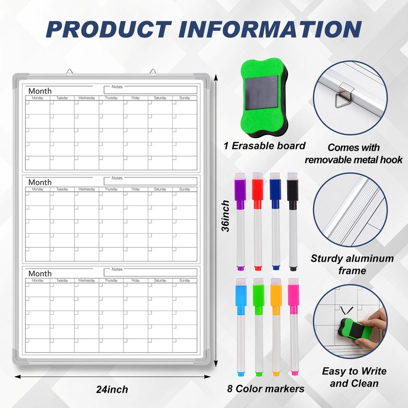 Lincia 36" x 24" Magnetic Vertical 3 Month Dry Erase