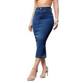 Foresi Women's Long Jean Skirts Stretch Denim Midi Skirts with Back Slit Bodycon Mid Waisted A Line Dress with Pockets