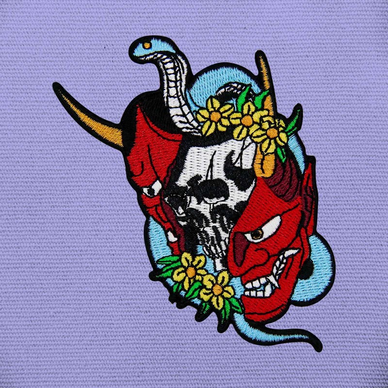 Zegin Sketch Oni Mask with Snake Patch Embroidered Applique Badge