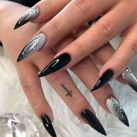 SINHOT Stiletto Press on Nails Long Fake Nails Glossy Glue on Nails Silver Glitter Gradient Acrylic Nails Black Almond Artificial Nails Stick on False Nails with Design 24 pcs