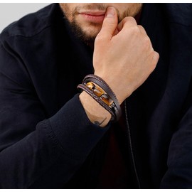 Mens Tiger Eye Leather Bracelet, Natural Tiger Eye Stone Beads Multi-Layer Braided Cuff Bracelets for Men, Stainless Steel with Buckle Memorial Bangle Gifts for Him 21cm/8.26"