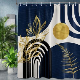 QGHOT Boho Mid Century Modern Shower Curtain Navy Blue Shower Curtains for Mens Bathroom Decor Bohemian Dark Blue and Gold Leaves MCM Bath Curtain Set, Waterproof Fabric with Hooks, 70" W x 96" L