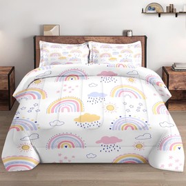 WeCozy 2 Pcs Twin Size Comforter Set with Pillowcase, Pink Rainbow Kids Nursery Soft Bedding Set for Kids and Adults Bedroom Bed Decor