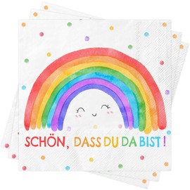 Pack of 40 Napkins Rainbow Schön Dass Du Da Bist, First Day of School Napkins, Decoration for Girls and Boys, First Day of School Decoration, School Child First Day Napkins Table Decoration