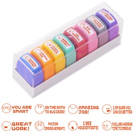 Juego de 8 sellos para profesores, autoentintados, motivacionales, fomentadores, coloridos, calificación, escuela, motivación, comentarios para aula, tareas, sellos de oficina, papelería, con bandeja de almacenamiento