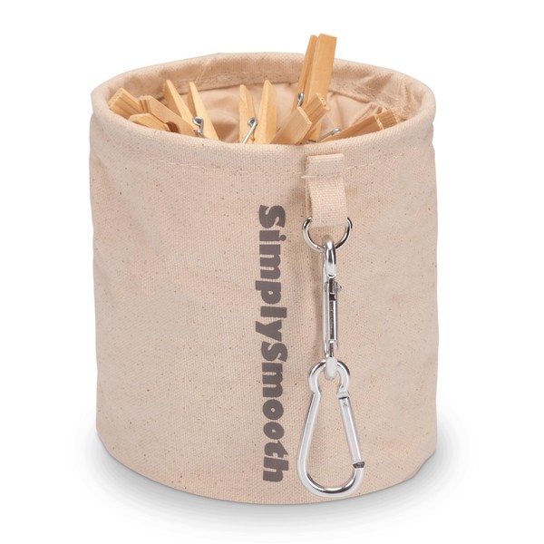 Clothes Peg Bag Including 50 Wooden Clothes Pegs - 100% Cotton Peg Bag with Extra Large Carabiners for Hanging - Clothes Peg Basket with Closure, beige, Additional pocket
