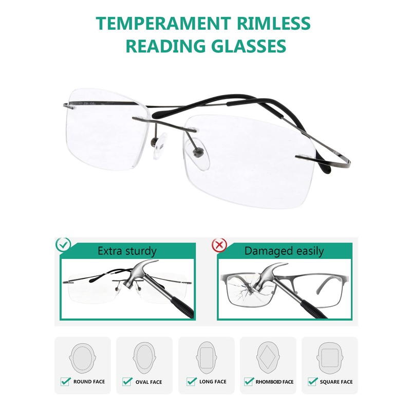 Eyekepper Titanium Rimless Reading Glasses Readers Men Women Gunmetal +2.5