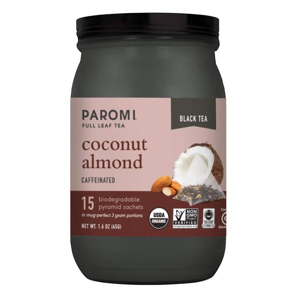 Paromi Tea Organic Coconut Almond Black Tea, Non-GMO, 15 Pyramid Tea Bags (Pack of 6)