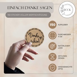 ECCK Thank You Stickers Round "Dankeschön" (Pack of 150) – Thank You Stickers for Wedding, Birthday, Confirmation, Communion, Mother's Day, Teacher, Teacher, Decoration for Cards, Gifts, Party Bags