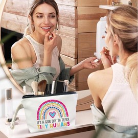 SQQCMM Teacher Survival Kit Makeup Bag - Best Teacher Gifts Cosmetic Bag, 'it's a Good Day to Teach' Tiny Humans, Canvas Zipper Makeup Bag