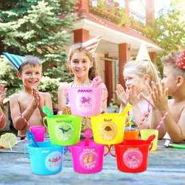 Hollowfly 24 Pcs End of Year Gifts for Students Plastic Sand Bucket and Beach Shovels Set for Students Summer Party Favors with Ocean Stickers for Party Favors Toddler Beach Party Supplies