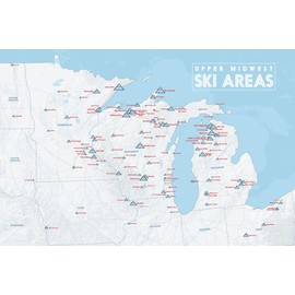 Upper Midwest Ski Resorts Map 24x36 Poster (White & Light Blue)
