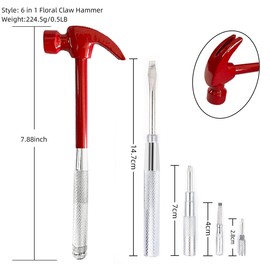 Hammer Brass Hammer with Screwdriver, 6 in 1 Small Hammer, Multitool Camping Hammer Set with Slotted/Flat Head Phillips Screwdriver Hammers Hand Tools（RED）