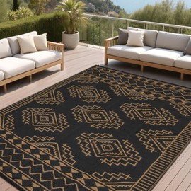 Large Outdoor Rug Waterproof 9x18 Outdoor Plastic Straw Rug, Stain-Resistant Outside Carpet, Modern Geometric Reversible Floor Mat for Patio Backyard RV Deck Picnic Beach, Black Brown