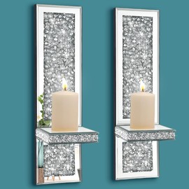 Pibeyer Crystal Crush Diamond Wall Candle Holder Set of 2, Silver Mirrored Candle Sconces, Home Wall Decoration for Living Room,Dining Room & Bedroom