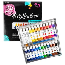 Ideen mit Herz Acrylic Paint Set with 24 Tubes of 12 ml | 22 Colours with Excellent Coverage | 3 x White | Artist Quality | Includes 3 Acrylic Hair Brushes
