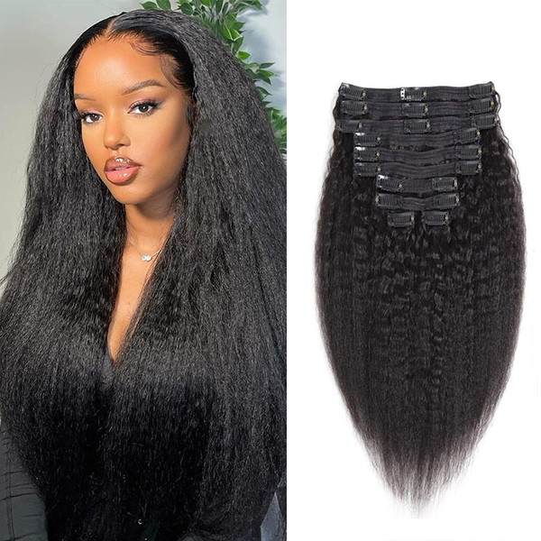 Seelaak Afro Kinky 16 Inch Straight Clip In Human Hair Extensions for Black WomenKinky Straight Clip in Hair Extensions Real Human Hair for Black Women 16 Inch Virgin Hair Clip in Full Head Unprocessed Remy Yaki Straight Clip Ins 8pcs with 18 Clips 120 Gram Per Set
